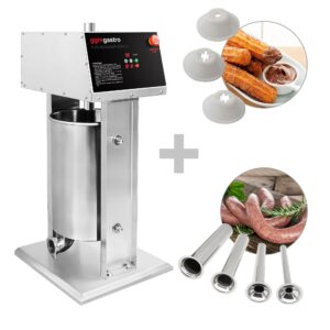 Elektrická kombinovaná plnička – na klobásy a churros, nehrdzavejúca oceľ, objem 25 l, príkon 180 W, vrátane 4 nástavcov na klobásy a 3 na churros