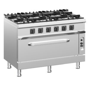 Výkonný plynový sporák – 49 kW, 6 horákov, statická plynová rúra 10 kW