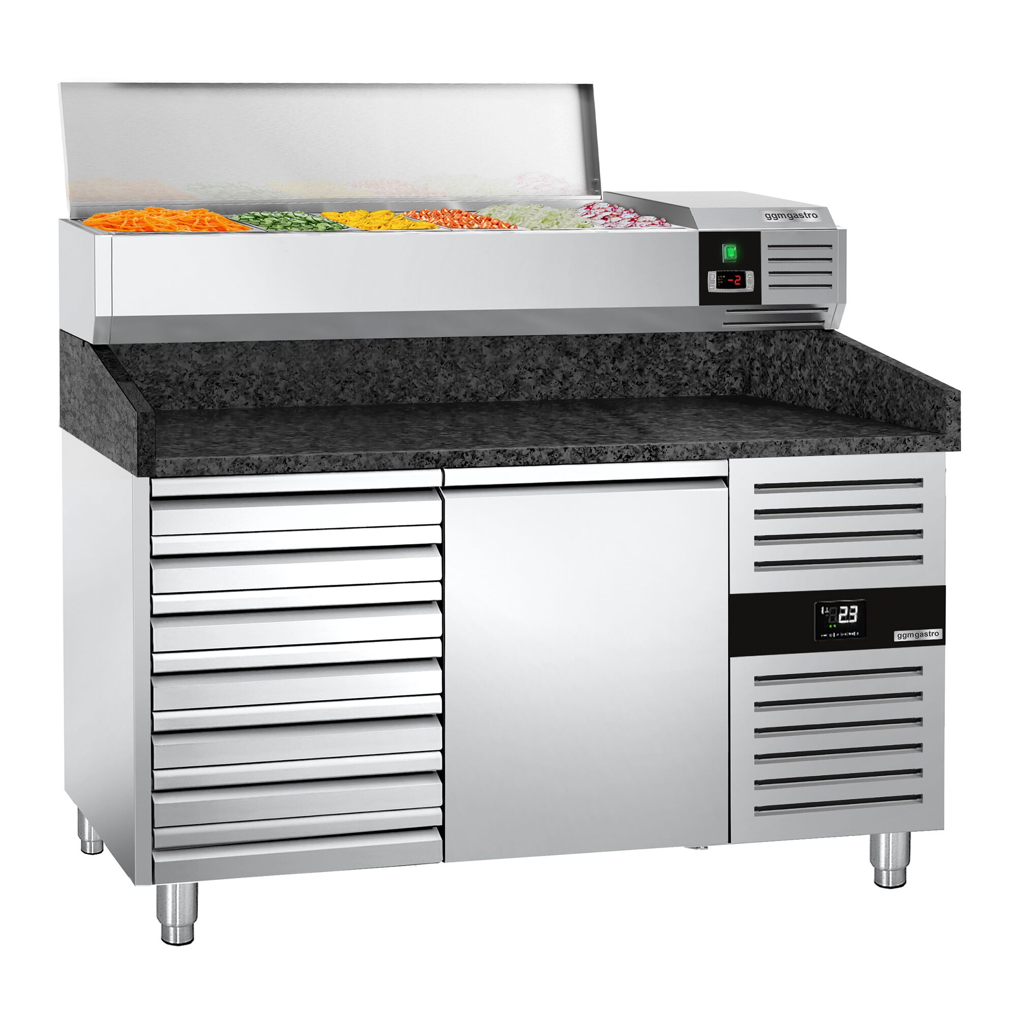 Chladiaci pizza stôl – séria PREMIUM, rozmery 1500x800 mm, 1 dvierka, 7 zásuviek, horná chladiaca nadstavba na 6x GN 1/3 – Obrázok 6