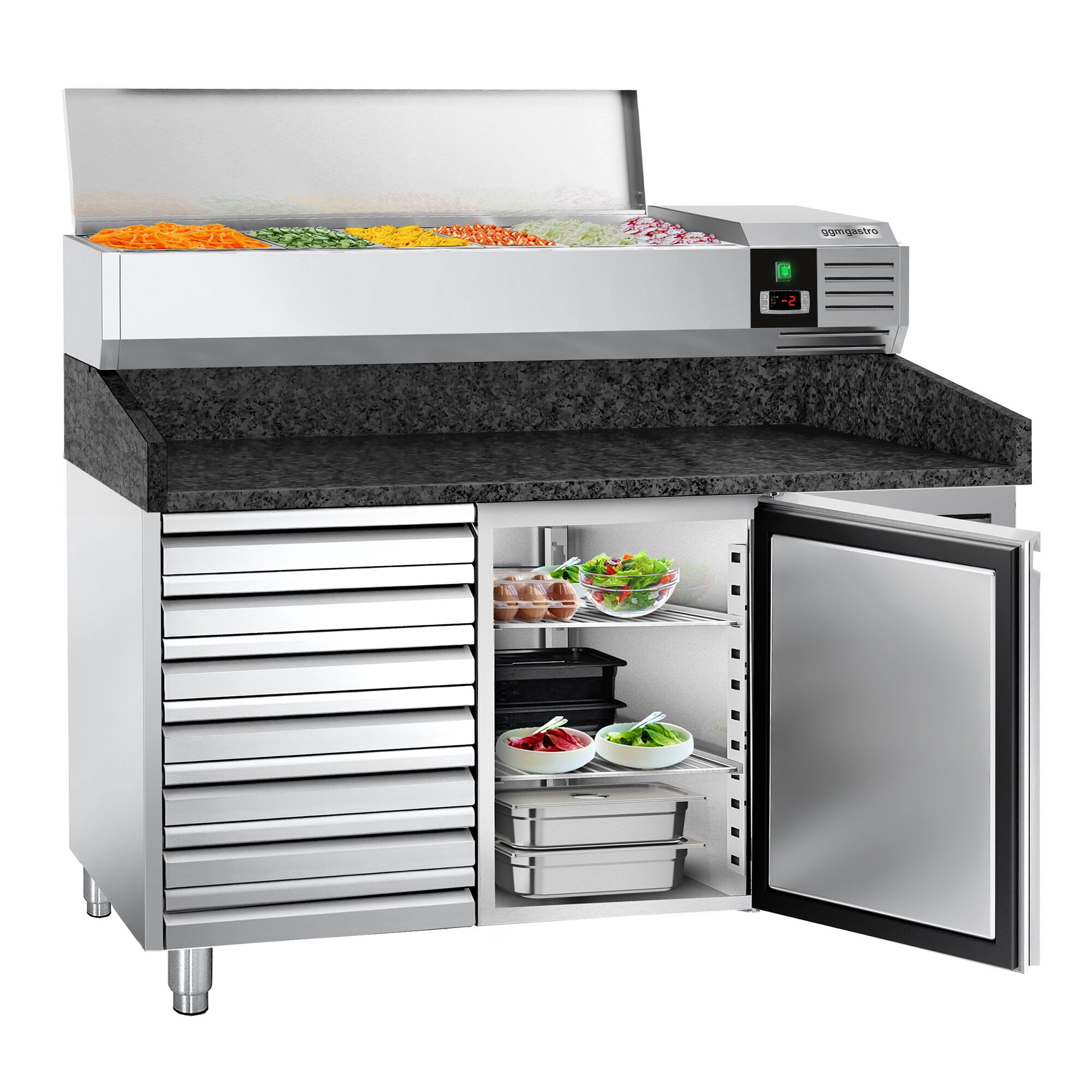 Chladiaci pizza stôl – séria PREMIUM, rozmery 1500x800 mm, 1 dvierka, 7 zásuviek, horná chladiaca nadstavba na 6x GN 1/3 – Obrázok 7