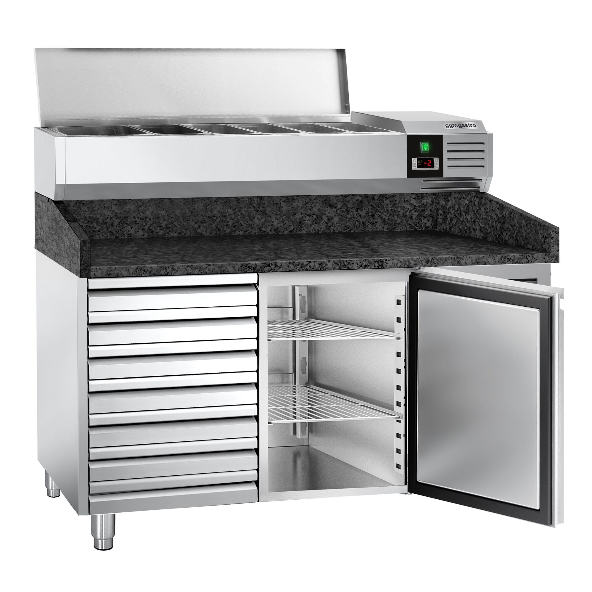 Chladiaci pizza stôl – séria PREMIUM, rozmery 1500x800 mm, 1 dvierka, 7 zásuviek, horná chladiaca nadstavba na 6x GN 1/3 – Obrázok 5
