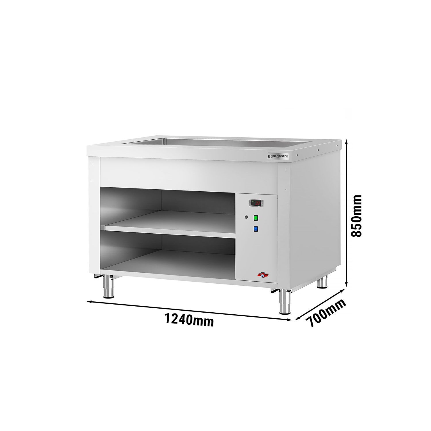 Nerezový teplý bufetový pult Kopenhagen – 1240 mm, vaňa | 3× GN 1/1