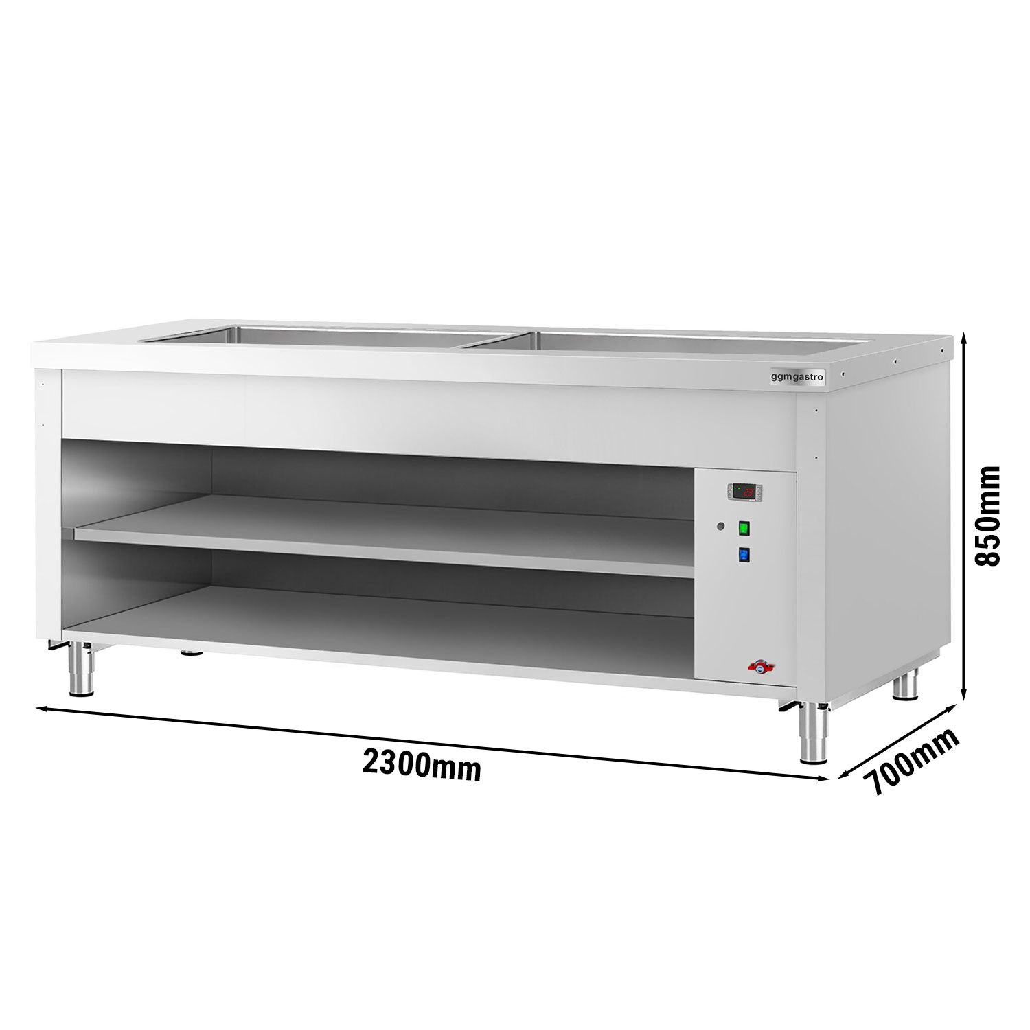 Nerezový teplý bufetový pult Kopenhagen – 2310 mm, LED osvetlenie, vaňa | 6× GN 1/1