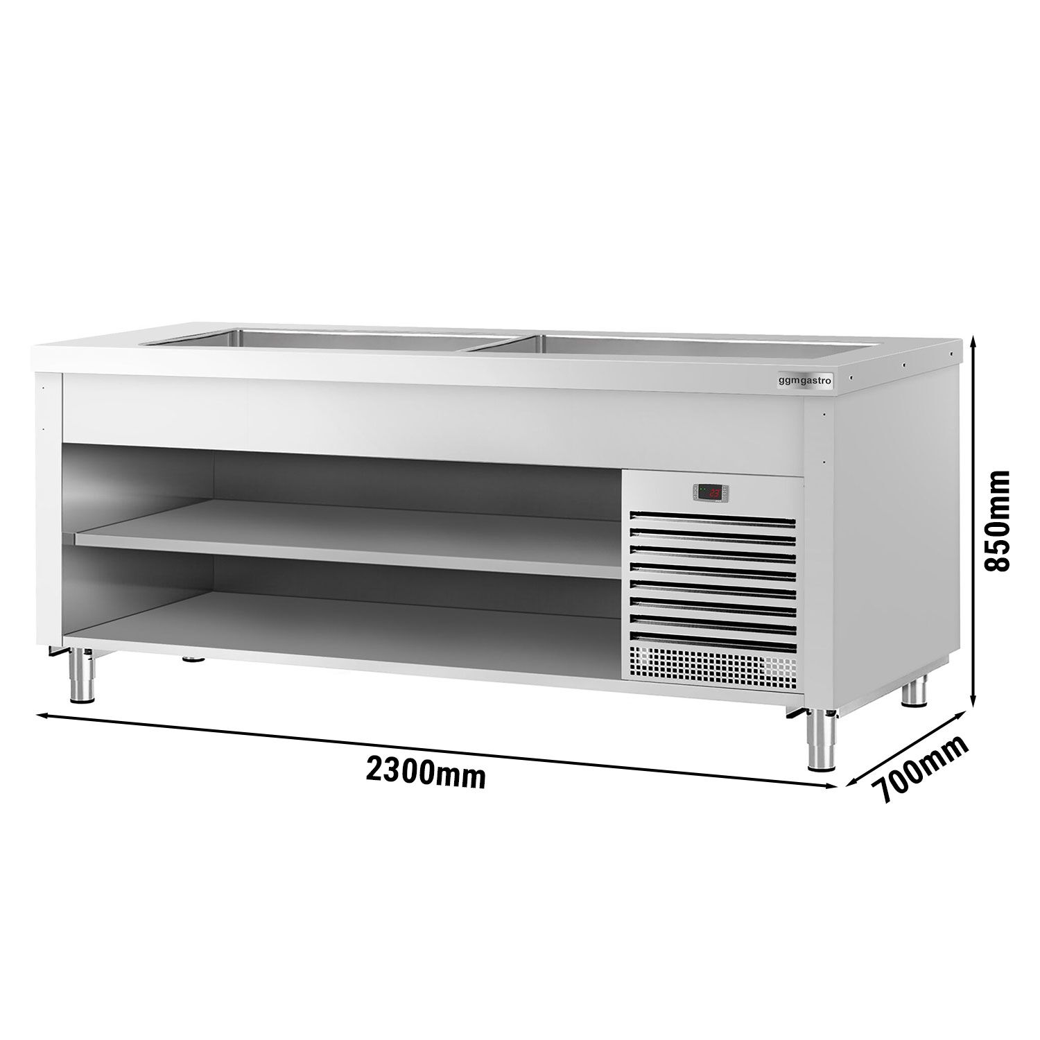 Nerezový studený bufetový pult Kopenhagen – 2310 mm, chladiaca tácka | 6× GN 1/1
