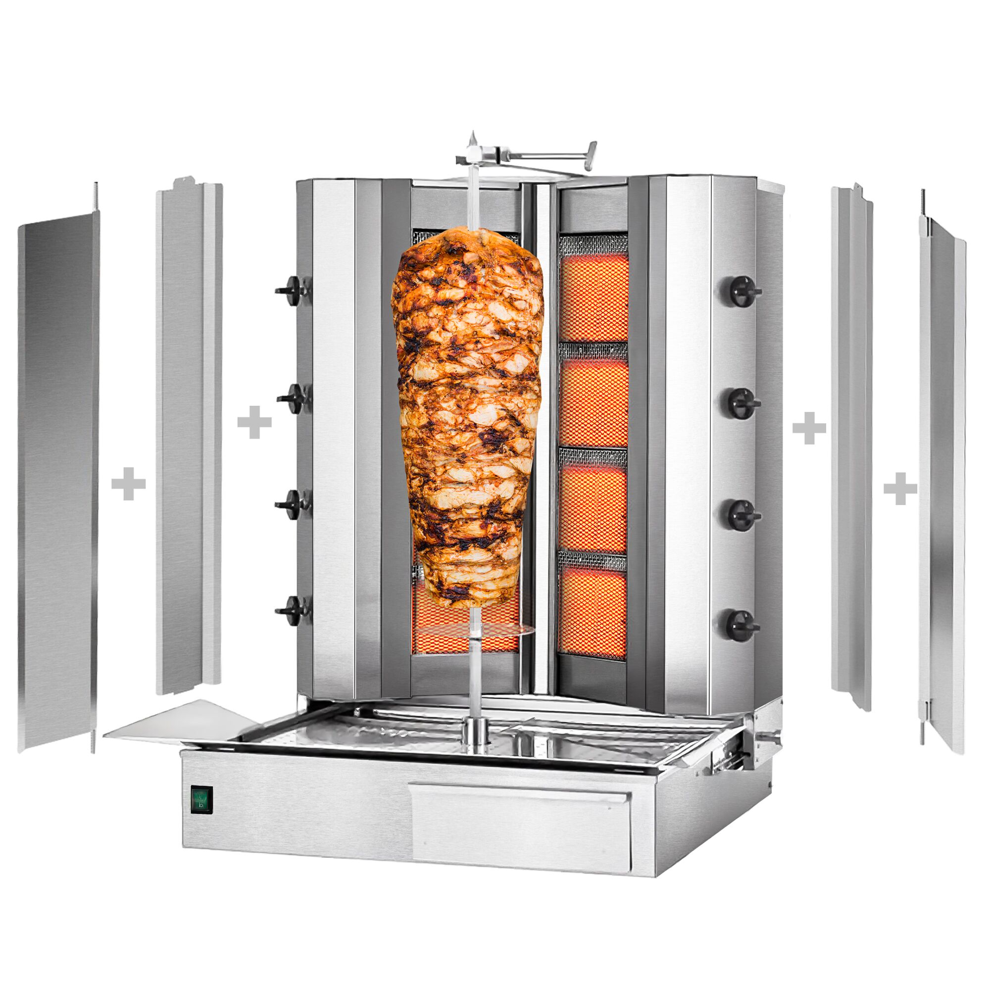 Plynový gril na kebab a gyros (4 horáky tvar V, max. 100 kg) – vrátane 2 krytov a 2 krídlových dverí