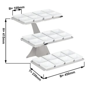 Minimalistický bufetový stojan / etažér – chrómovaná zostava, balenie obsahuje 24 ks hranatých melamínových misiek