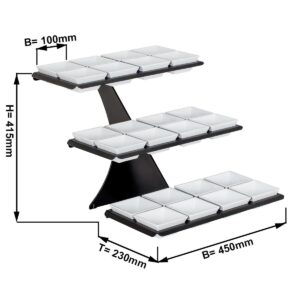 Minimalistický bufetový stojan / etažér – čierny modulárny etažér, balenie obsahuje kompletný set 24 ks štvorcových melamínových misiek