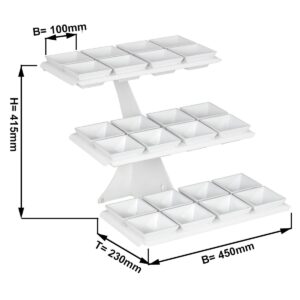 Minimalistický bufetový stojan / etažér – biely modulárny etažér, kompletný set 24 ks štvorcových melamínových misiek