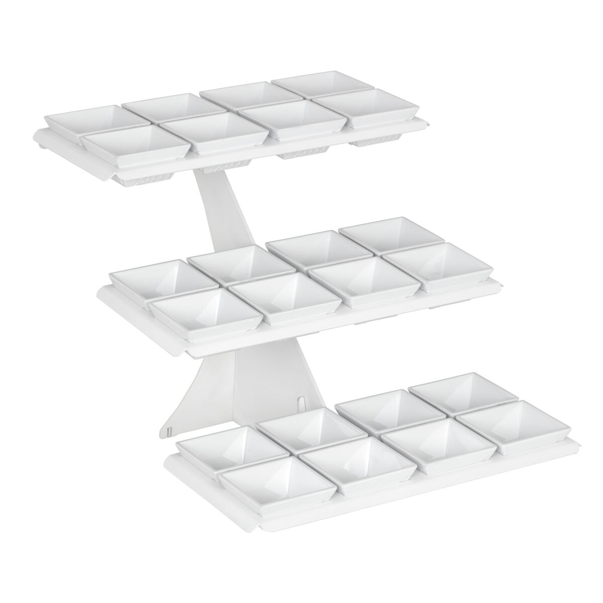 Minimalistický bufetový stojan / etažér – biely modulárny etažér, kompletný set 24 ks štvorcových melamínových misiek – Obrázok 2
