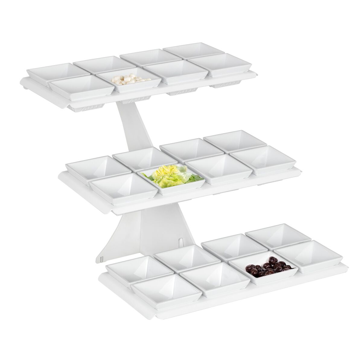 Minimalistický bufetový stojan / etažér – biely modulárny etažér, kompletný set 24 ks štvorcových melamínových misiek – Obrázok 3