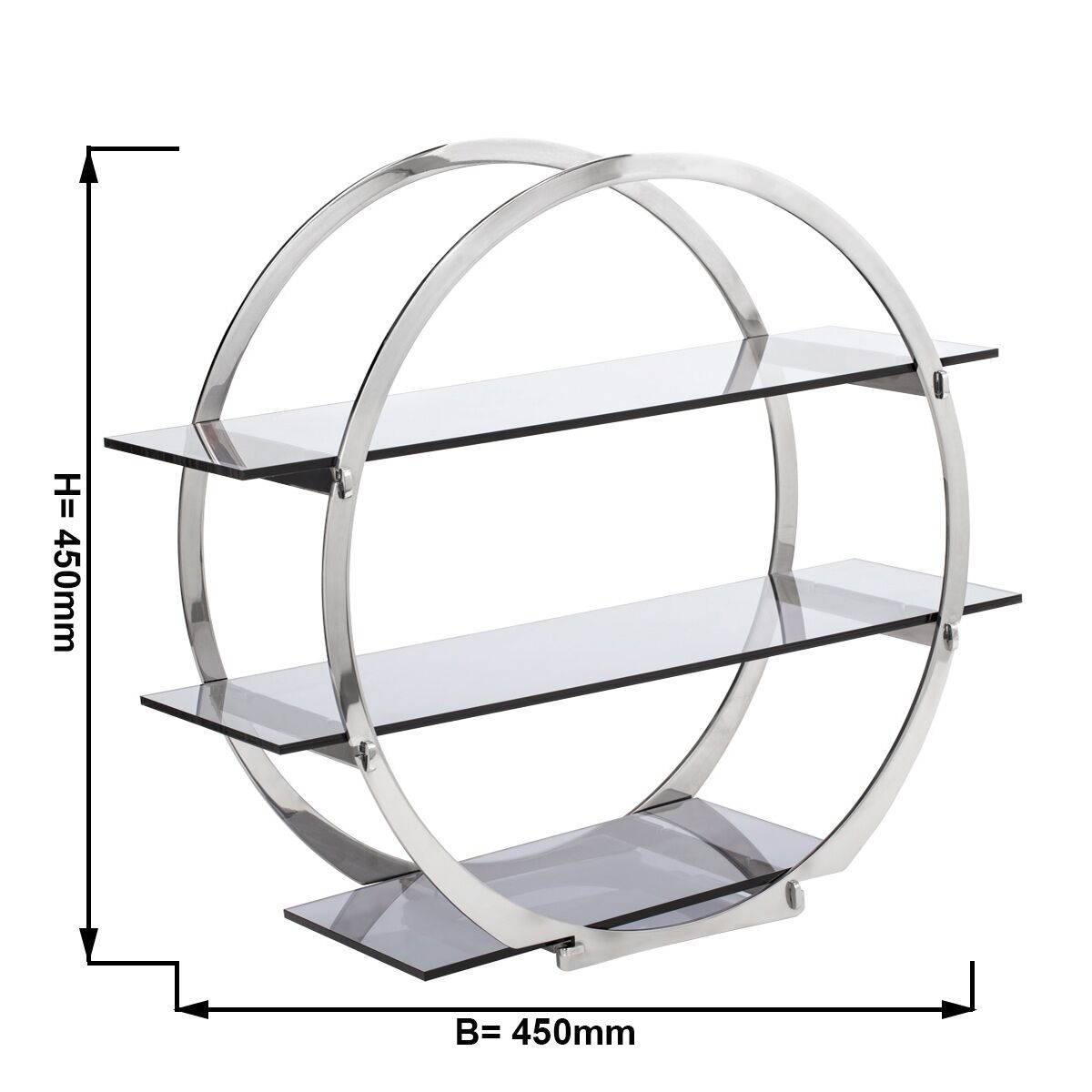 Minimalistický bufetový stojan / etažér – chrómovaný poschodový etažér, celkový priemer ramien 450 mm