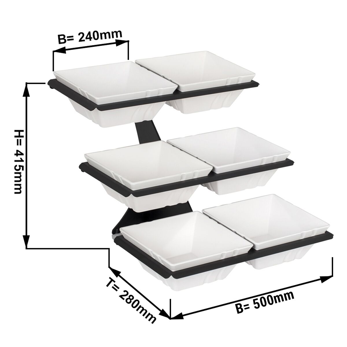 Minimalistický bufetový stojan / etažér – čierny etažér, vrátane 6 ks štvorcových melamínových misiek, variant B
