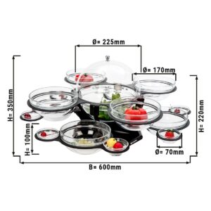 Minimalistický bufetový stojan / etažér – rotačný mechanizmus, čierne ramená, kompletná sada 17 ks okrúhlych celosklenených misiek