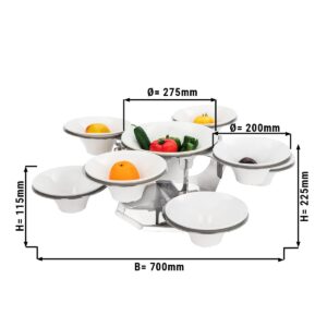 Minimalistický bufetový stojan / etažér – rotačný mechanizmus, nerezové ramená, kompletná sada 9 ks okrúhlych melamínových misiek