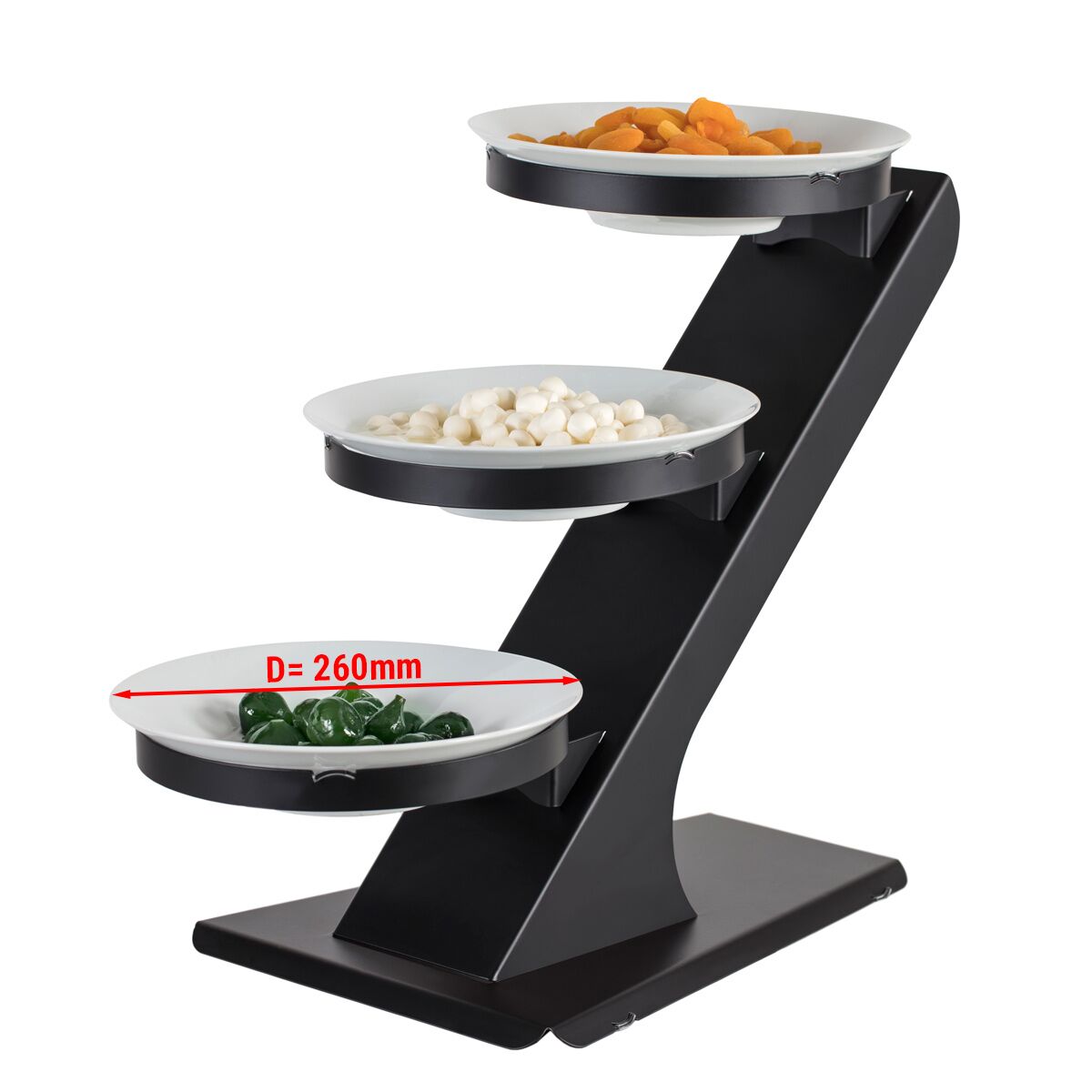 Minimalistický bufetový stojan / etažér – čierny nízky etažér, vrátane 3 kusov kruhových misiek s priemerom 260 mm