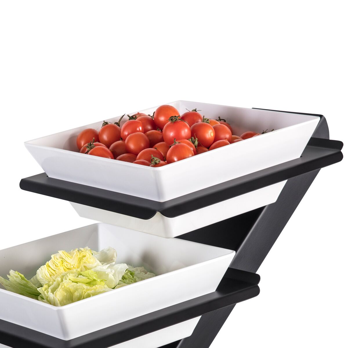 Minimalistický bufetový stojan / etažér – čierny etažér, vrátane 3 ks štvorcových melamínových misiek 300x300 mm – Obrázok 3
