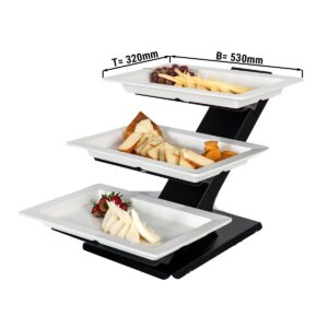 Minimalistický bufetový stojan / etažér – čierny etažér, vrátane 3 ks obdĺžnikových melamínových misiek 320x530 mm