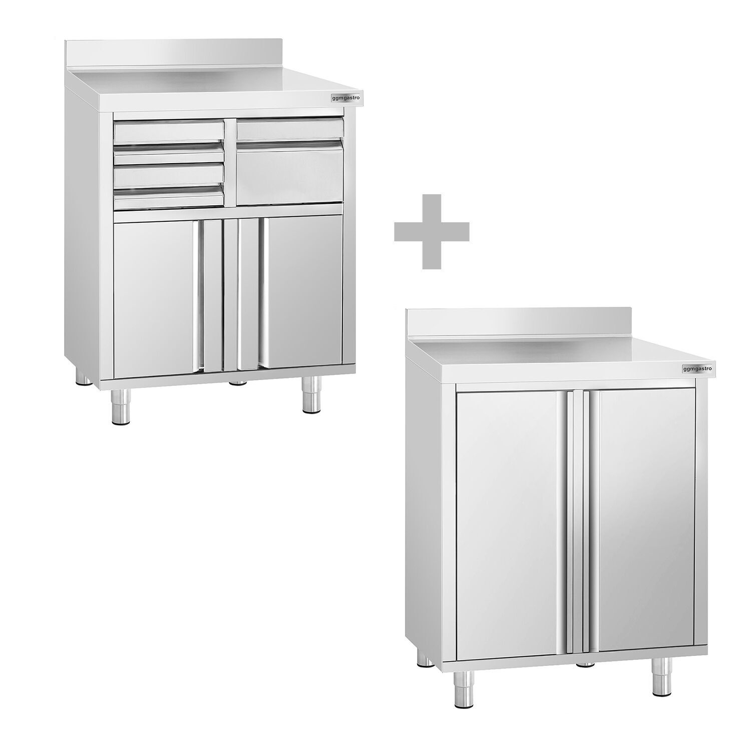 Nerezová pracovná skrinka pod kávovar — sada 2 ks, 800 x 600 mm, výklopné dvierka, zásuvky, klopadlo, zvýšené obloženie – Obrázok 3