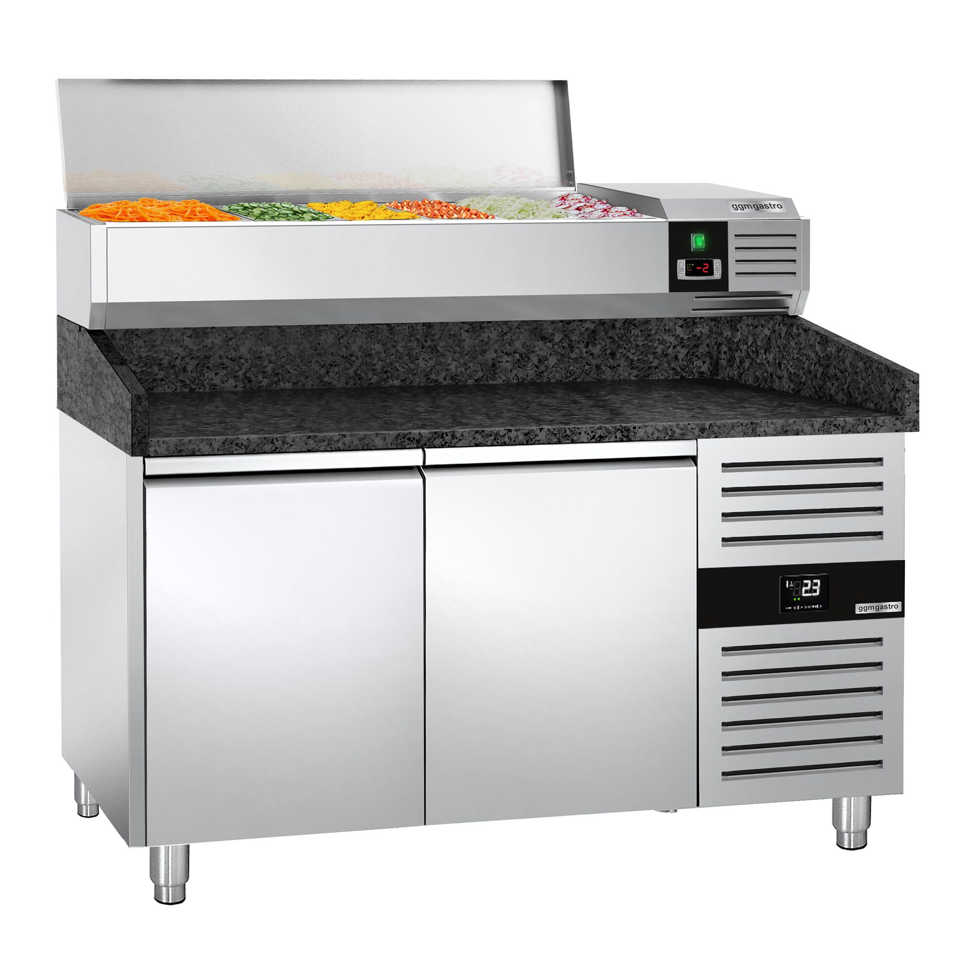 Chladiaci pizza stôl – séria PREMIUM, rozmery 1500x800 mm, 2 dvierka, horná chladiaca nadstavba na 7x GN 1/4 – Obrázok 6