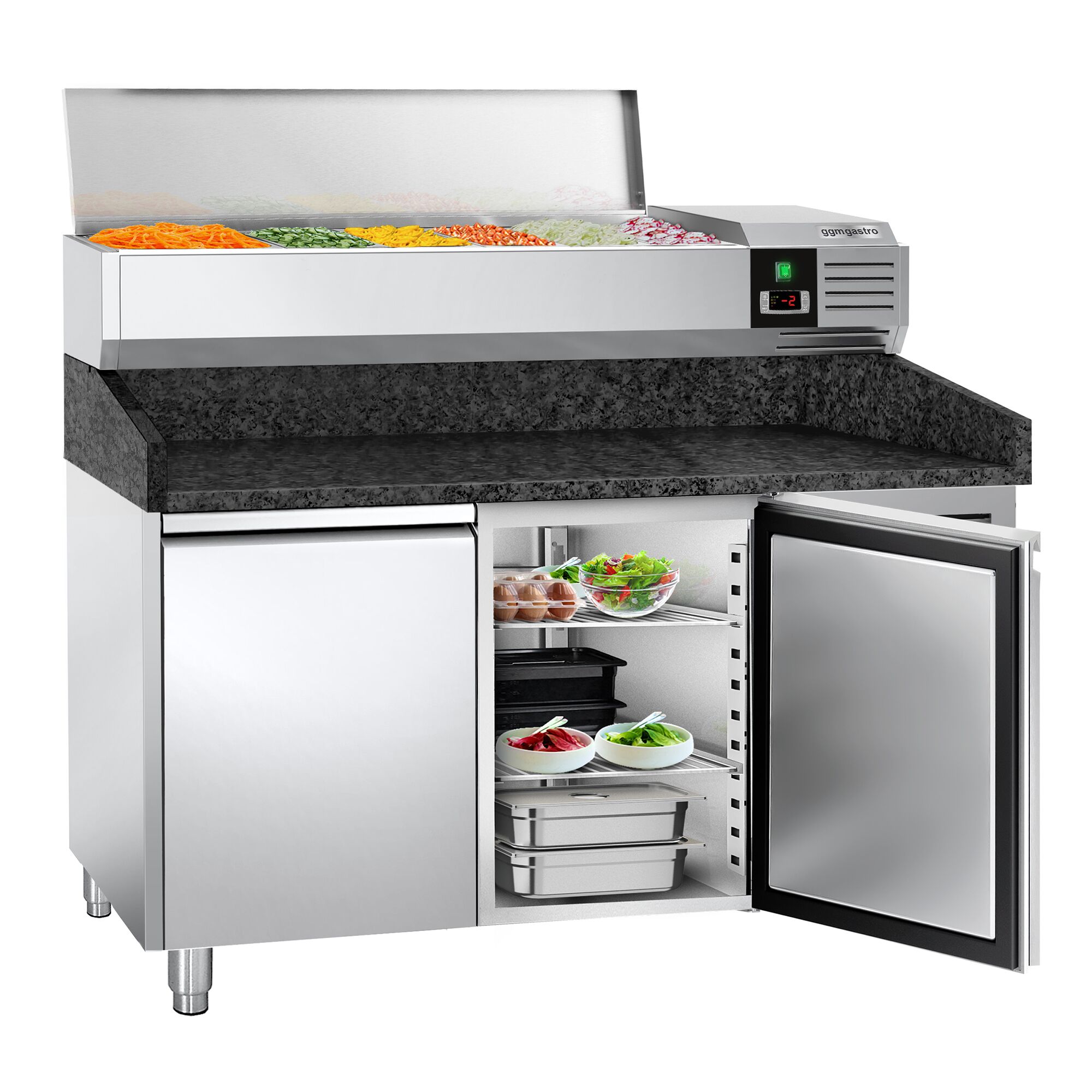 Chladiaci pizza stôl – séria PREMIUM, rozmery 1500x800 mm, 2 dvierka, horná chladiaca nadstavba na 7x GN 1/4