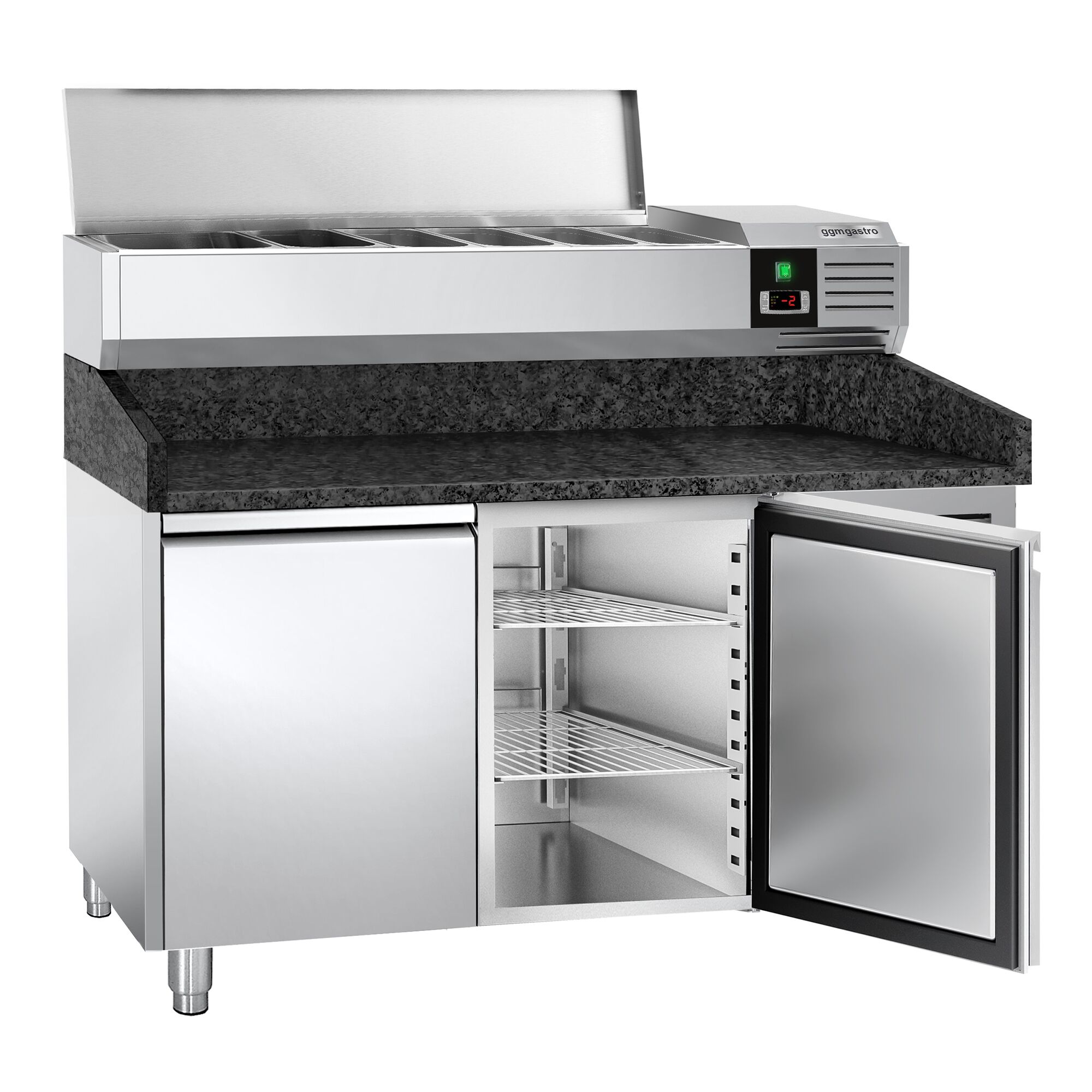 Chladiaci pizza stôl – séria PREMIUM, rozmery 1500x800 mm, 2 dvierka, horná chladiaca nadstavba na 7x GN 1/4 – Obrázok 8