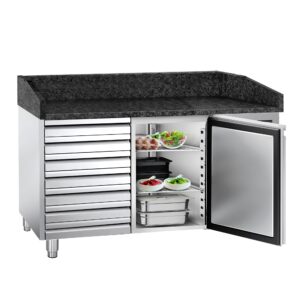 Chladiaci pizza stôl – séria PREMIUM, rozmery 1500x800 mm, kombinácia 1 dvierok a 7 zásuviek
