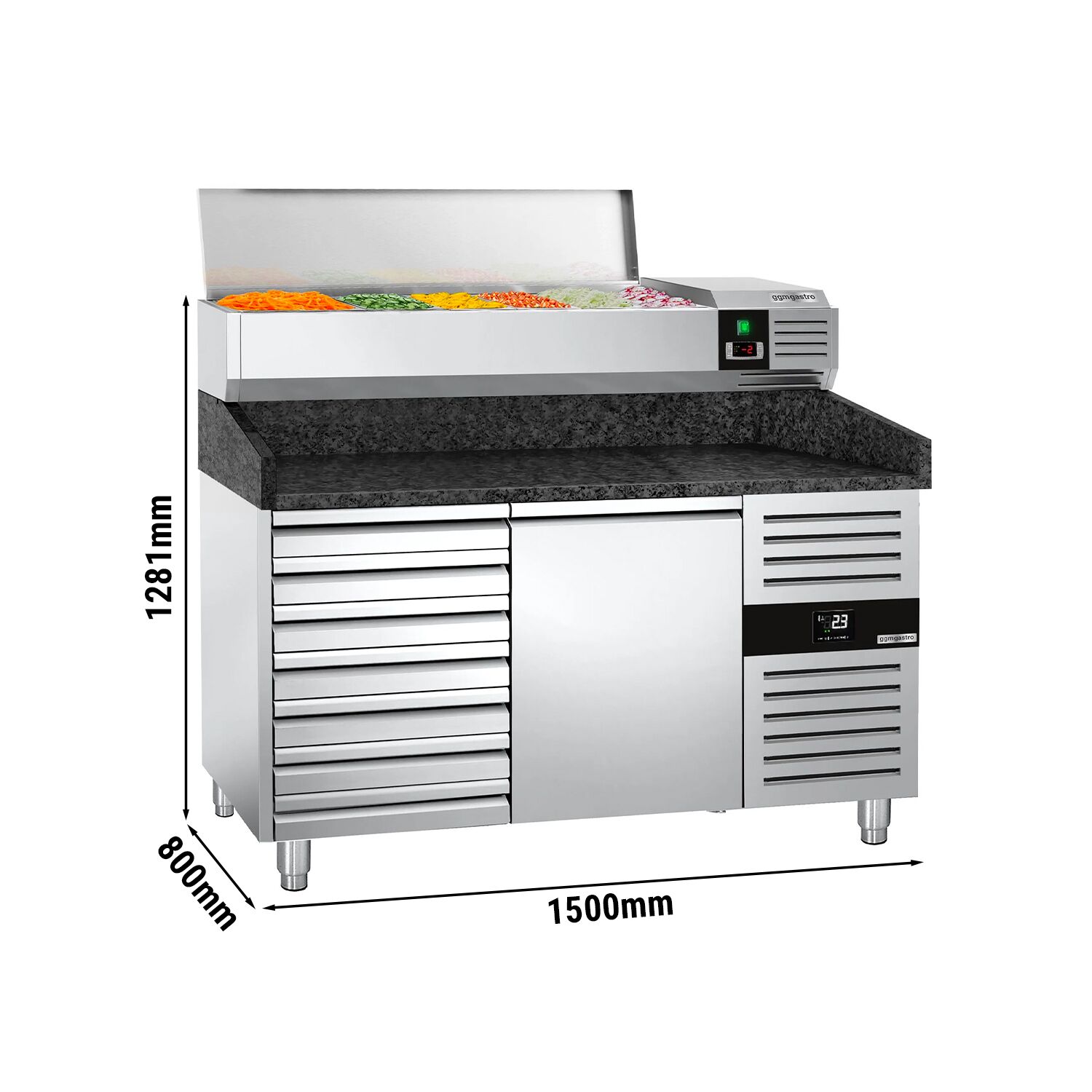 Chladiaci pizza stôl – séria PREMIUM, rozmery 1500x800 mm, 1 dvierka, 7 zásuviek, horná chladiaca nadstavba na 7x GN 1/4 – Obrázok 9