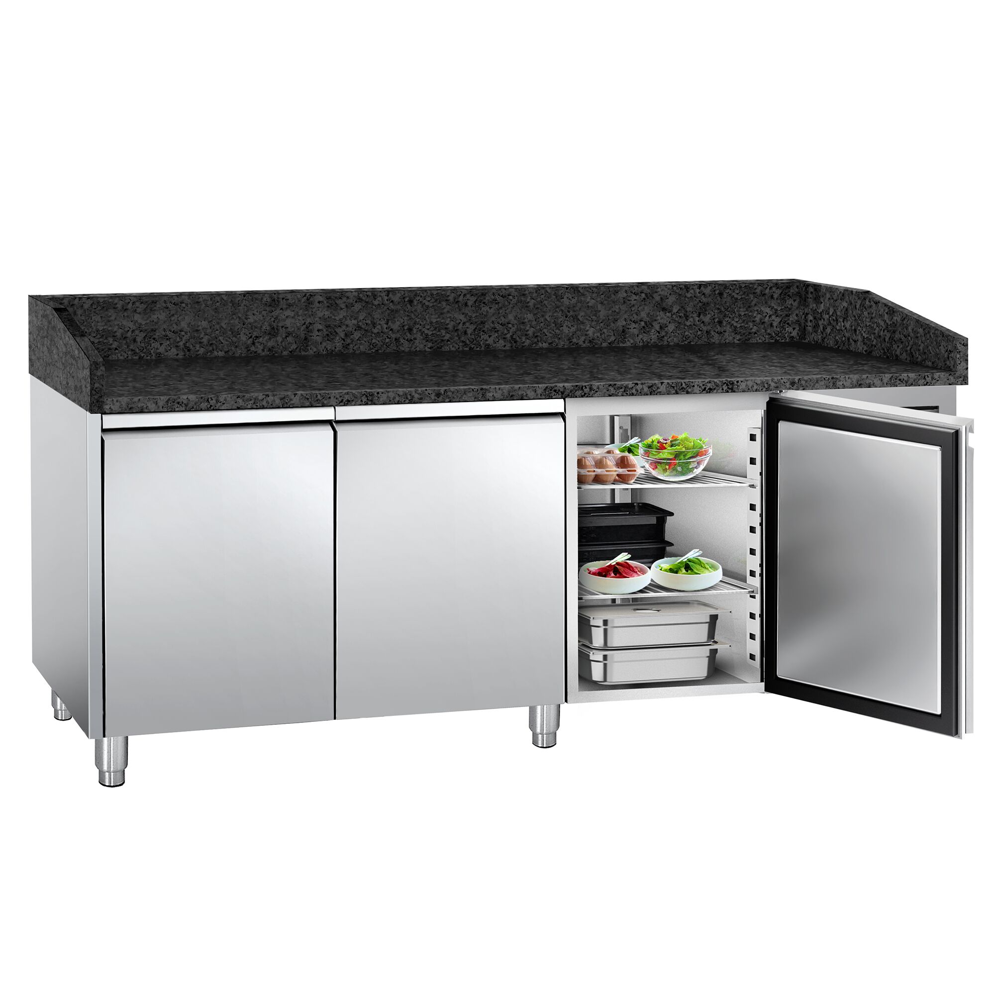 Chladiaci pizza stôl – séria PREMIUM, rozmery 2000x800 mm, 3 plné dvierka