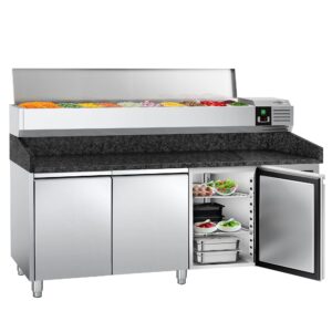 Chladiaci pizza stôl – séria PREMIUM, rozmery 2000x800 mm, 3 dvierka, horná chladiaca nadstavba na 10x GN 1/4