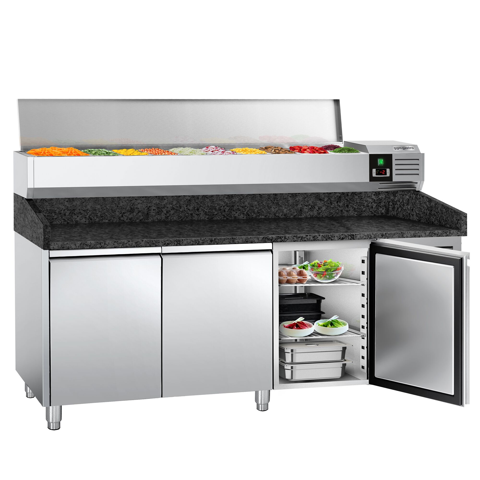 Chladiaci pizza stôl – séria PREMIUM, rozmery 2000x800 mm, 3 dvierka, horná chladiaca nadstavba na 9x GN 1/3