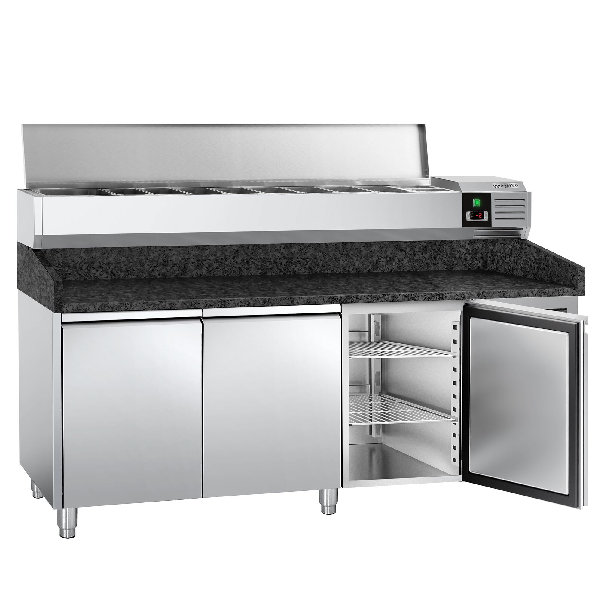 Chladiaci pizza stôl – séria PREMIUM, rozmery 2000x800 mm, 3 dvierka, horná chladiaca nadstavba na 9x GN 1/3 – Obrázok 5