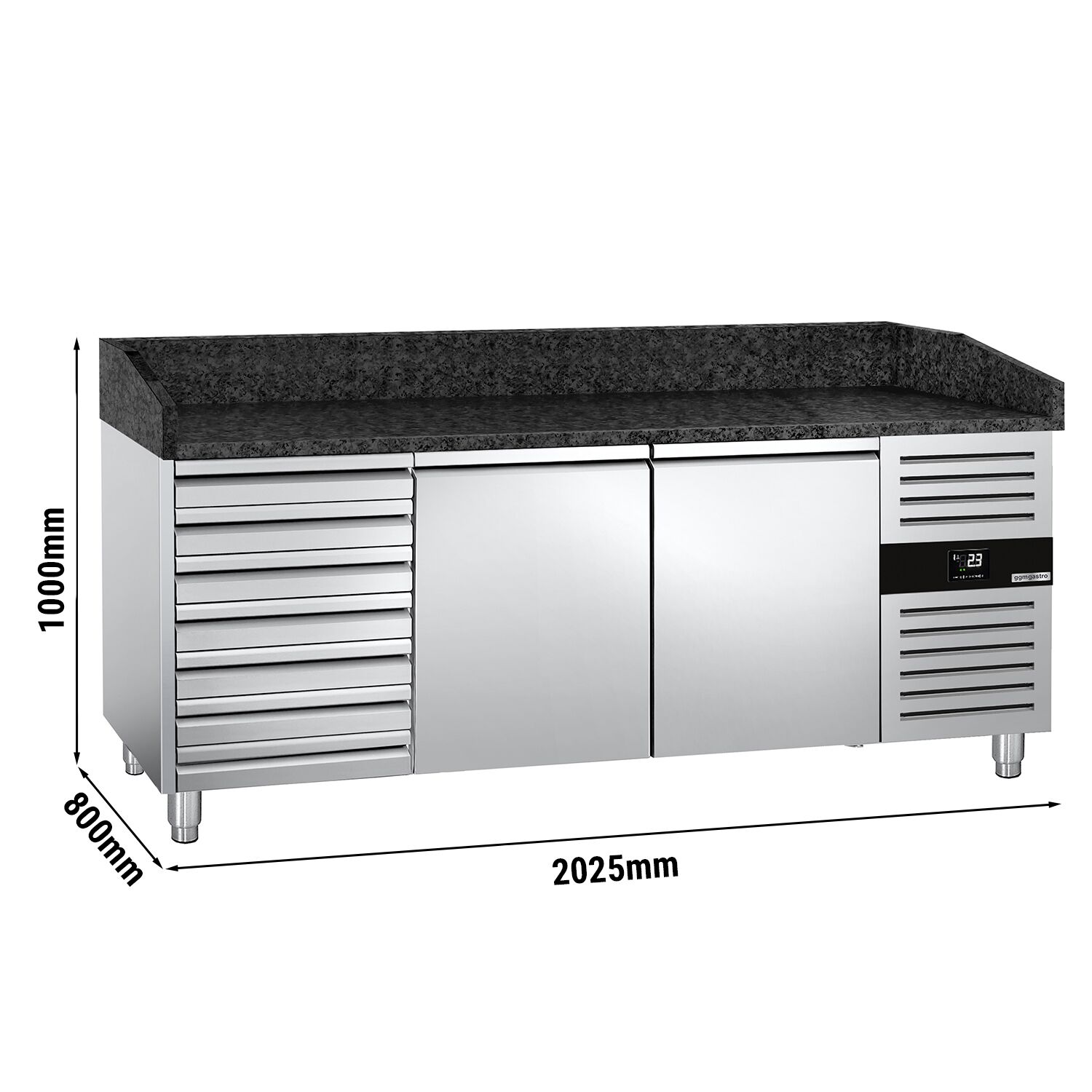 Chladiaci pizza stôl – séria PREMIUM, rozmery 2000x800 mm, kombinácia 2 dvierok a 7 zásuviek – Obrázok 6