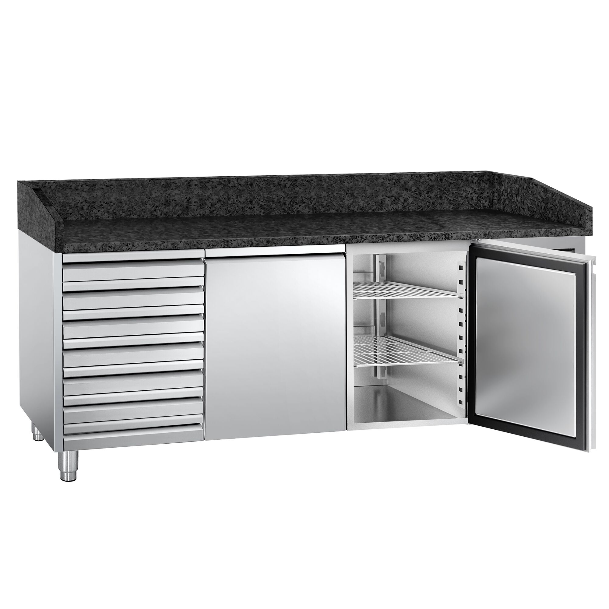 Chladiaci pizza stôl – séria PREMIUM, rozmery 2000x800 mm, kombinácia 2 dvierok a 7 zásuviek – Obrázok 5