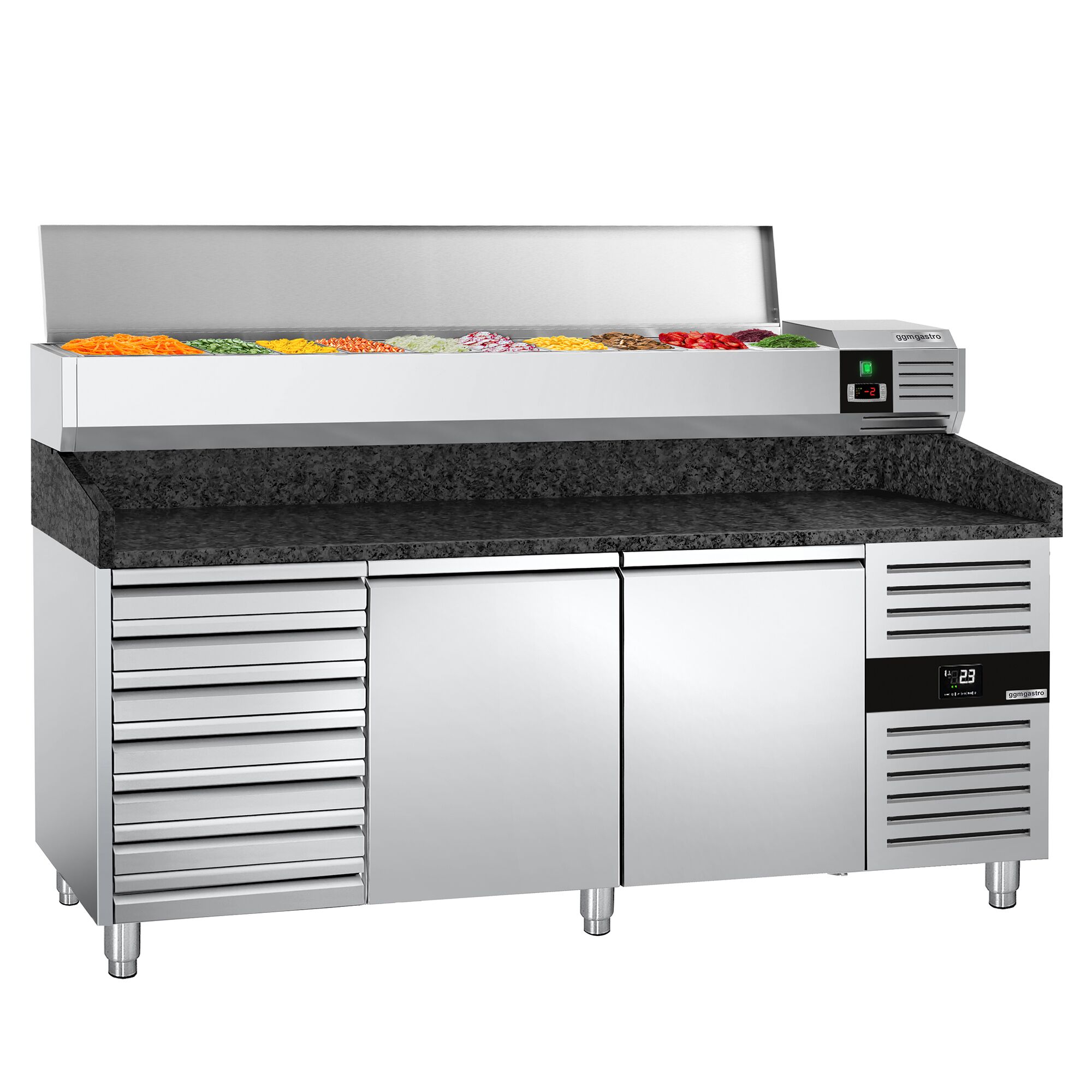 Chladiaci pizza stôl – séria PREMIUM, rozmery 2000x800 mm, 2 dvierka, 7 zásuviek, horná chladiaca nadstavba na 9x GN 1/3 – Obrázok 5