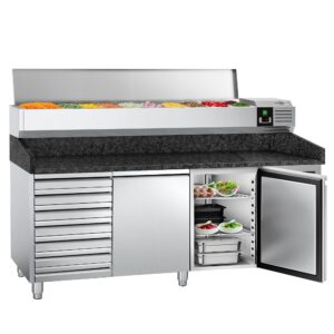 Chladiaci pizza stôl – séria PREMIUM, rozmery 2000x800 mm, 2 dvierka, 7 zásuviek, horná chladiaca nadstavba na 10x GN 1/4