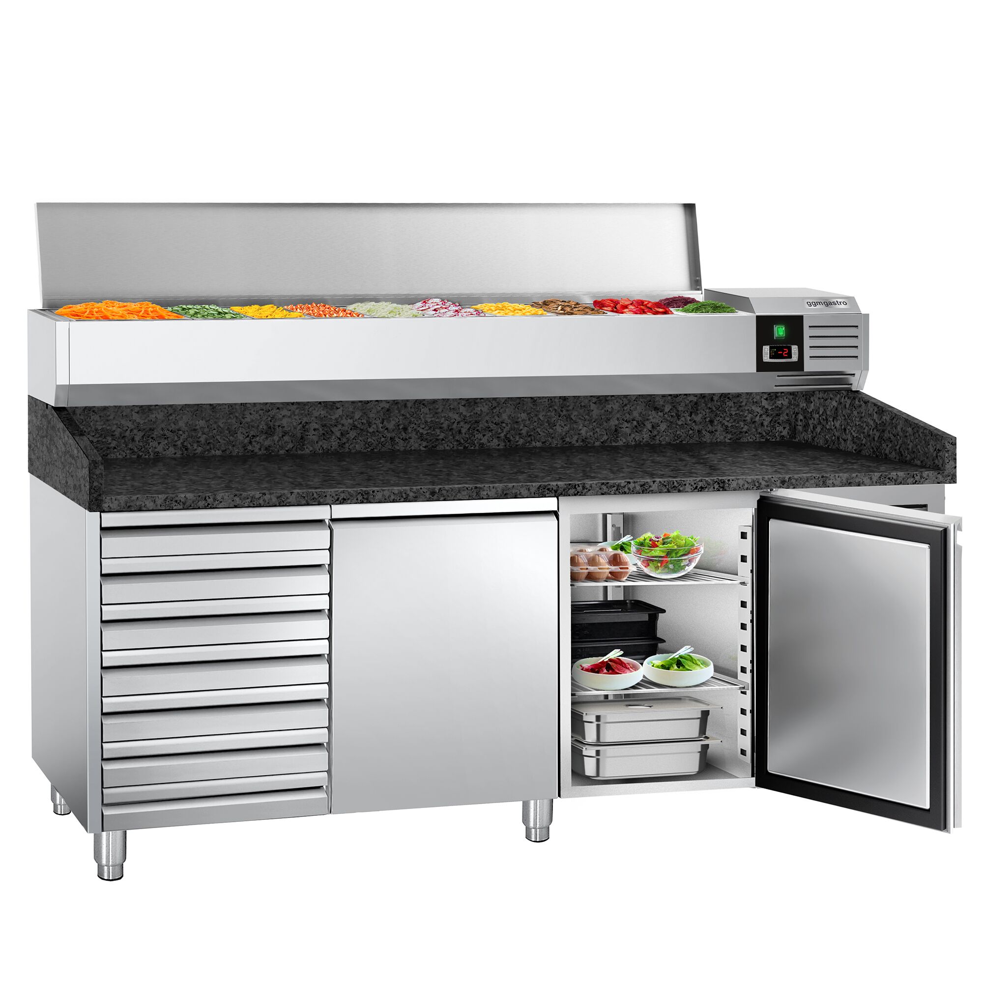 Chladiaci pizza stôl – séria PREMIUM, rozmery 2000x800 mm, 2 dvierka, 7 zásuviek, horná chladiaca nadstavba na 9x GN 1/3 – Obrázok 7