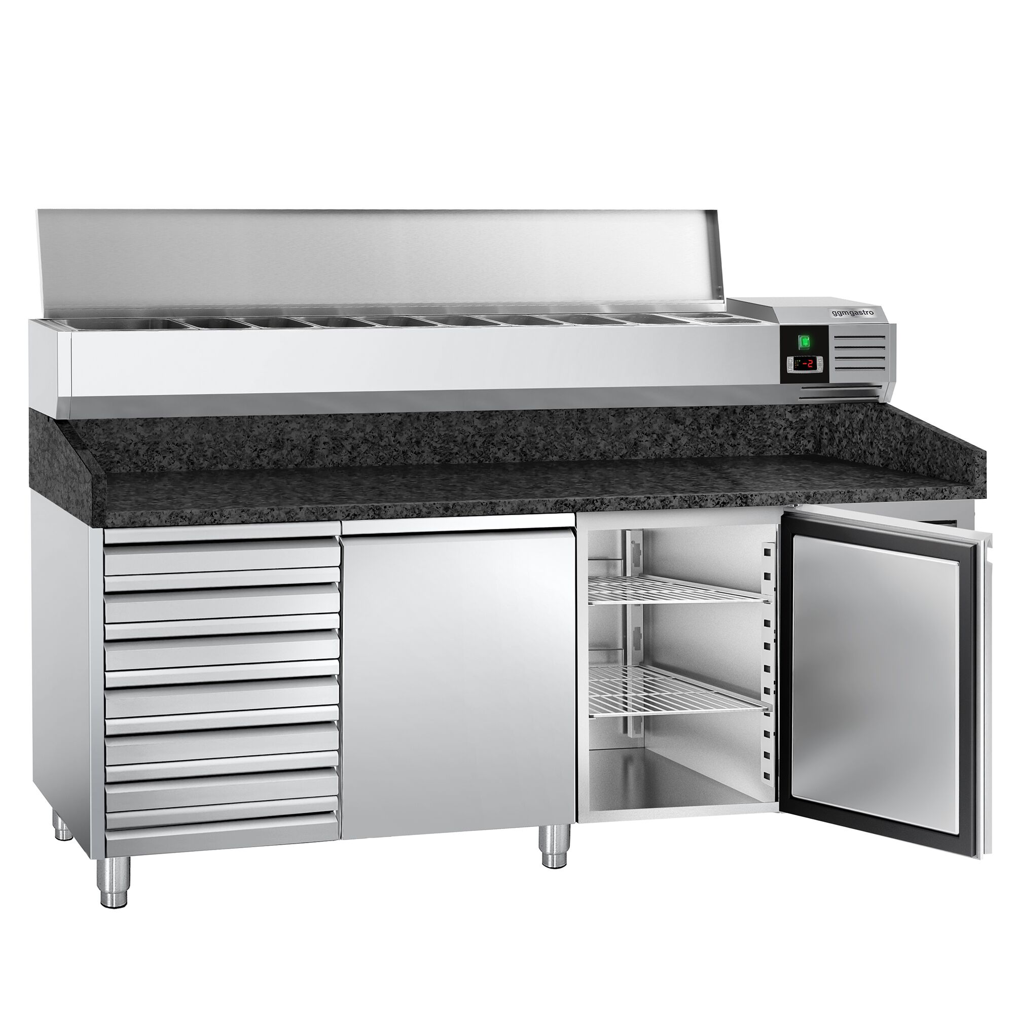 Chladiaci pizza stôl – séria PREMIUM, rozmery 2000x800 mm, 2 dvierka, 7 zásuviek, horná chladiaca nadstavba na 9x GN 1/3 – Obrázok 6