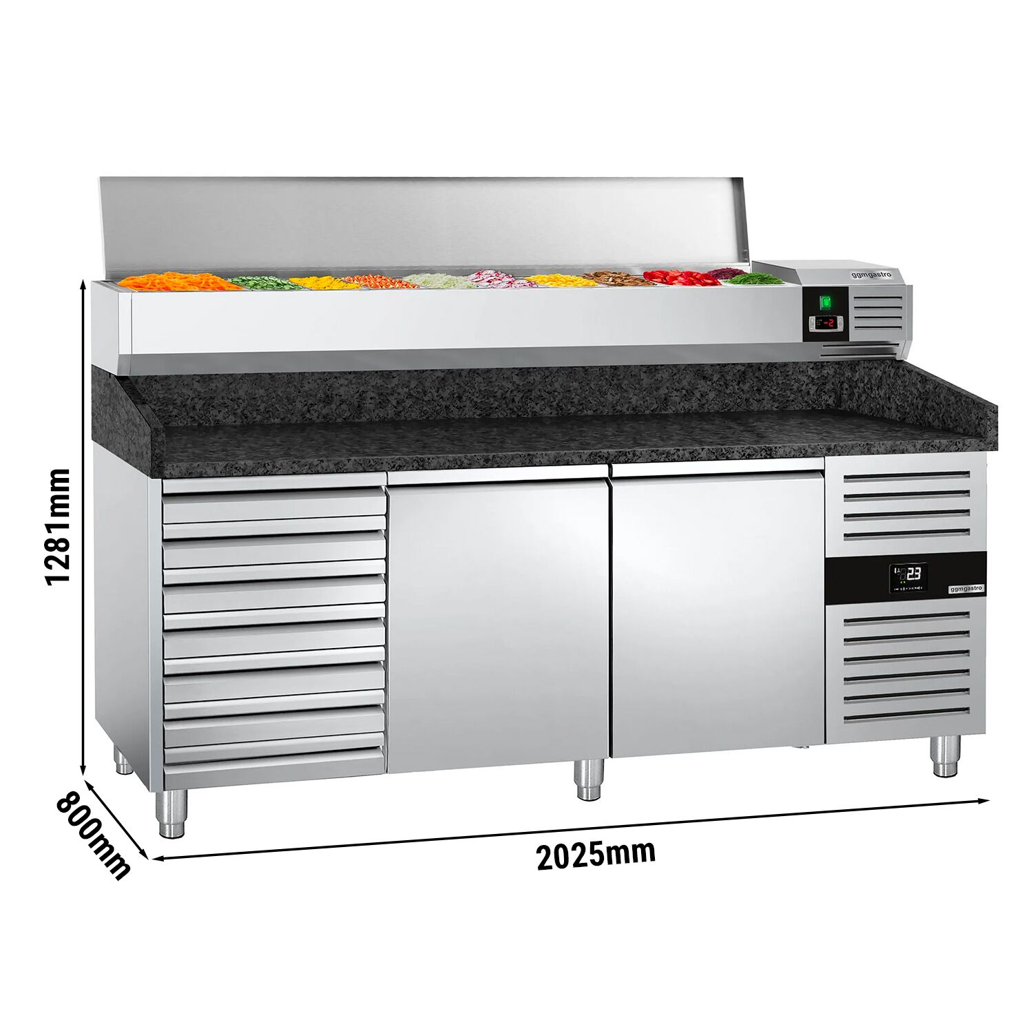 Chladiaci pizza stôl – séria PREMIUM, rozmery 2000x800 mm, 3 dvierka, horná chladiaca nadstavba na 9x GN 1/3 – Obrázok 7