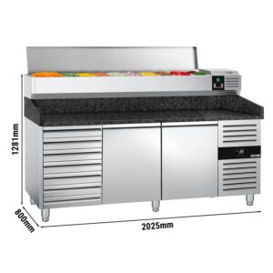 Chladiaci pizza stôl – séria PREMIUM, rozmery 2000x800 mm, 2 dvierka, 7 zásuviek, horná chladiaca nadstavba na 9x GN 1/3