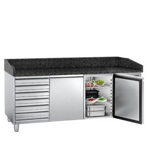 Chladiaci pizza stôl – séria PREMIUM, rozmery 2000x800 mm, kombinácia 2 dvierok a 7 zásuviek