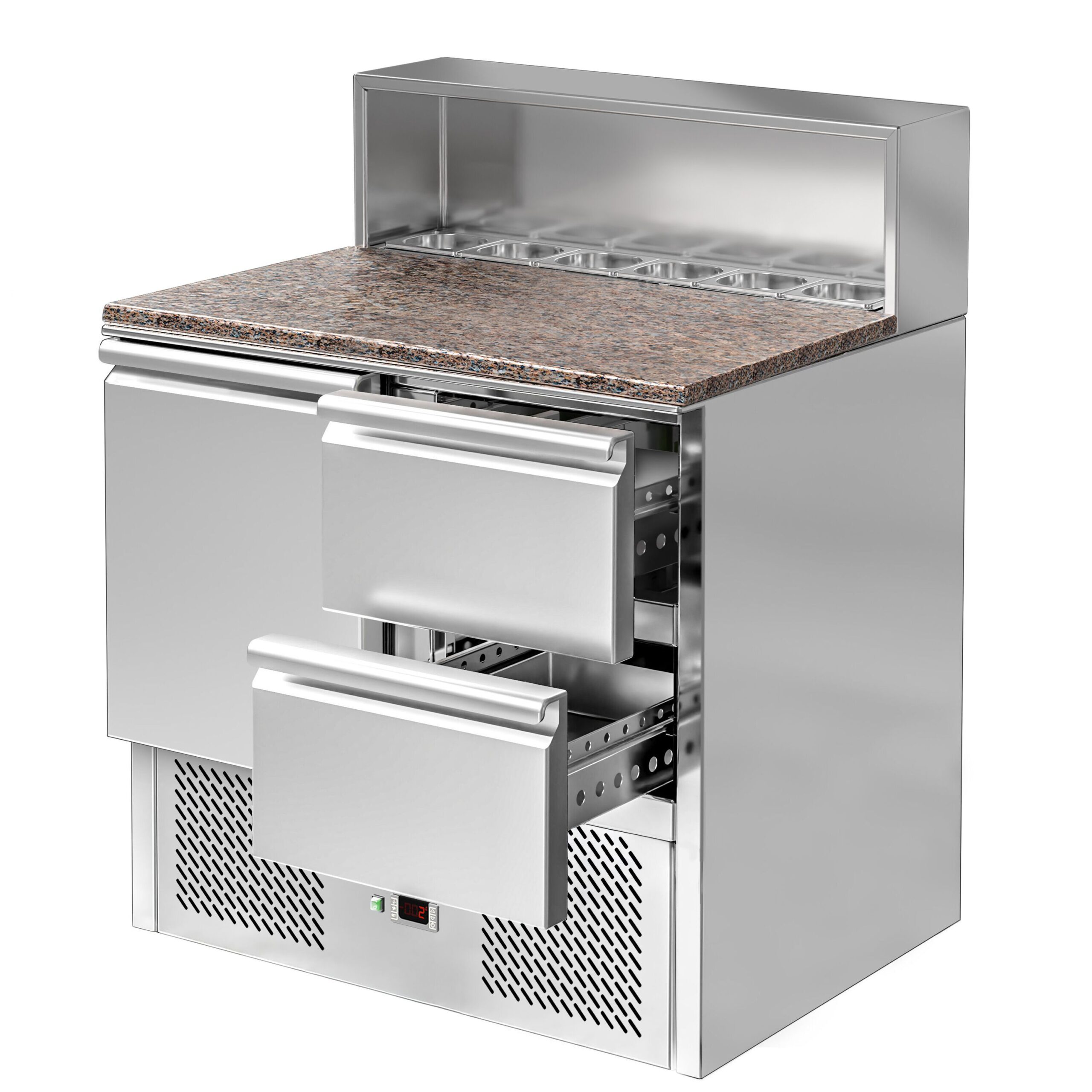 Chladiaci pizza stôl s vitrínou 5x GN 1/6, nerezový top, 1d + 2z, 903 mm – Obrázok 7