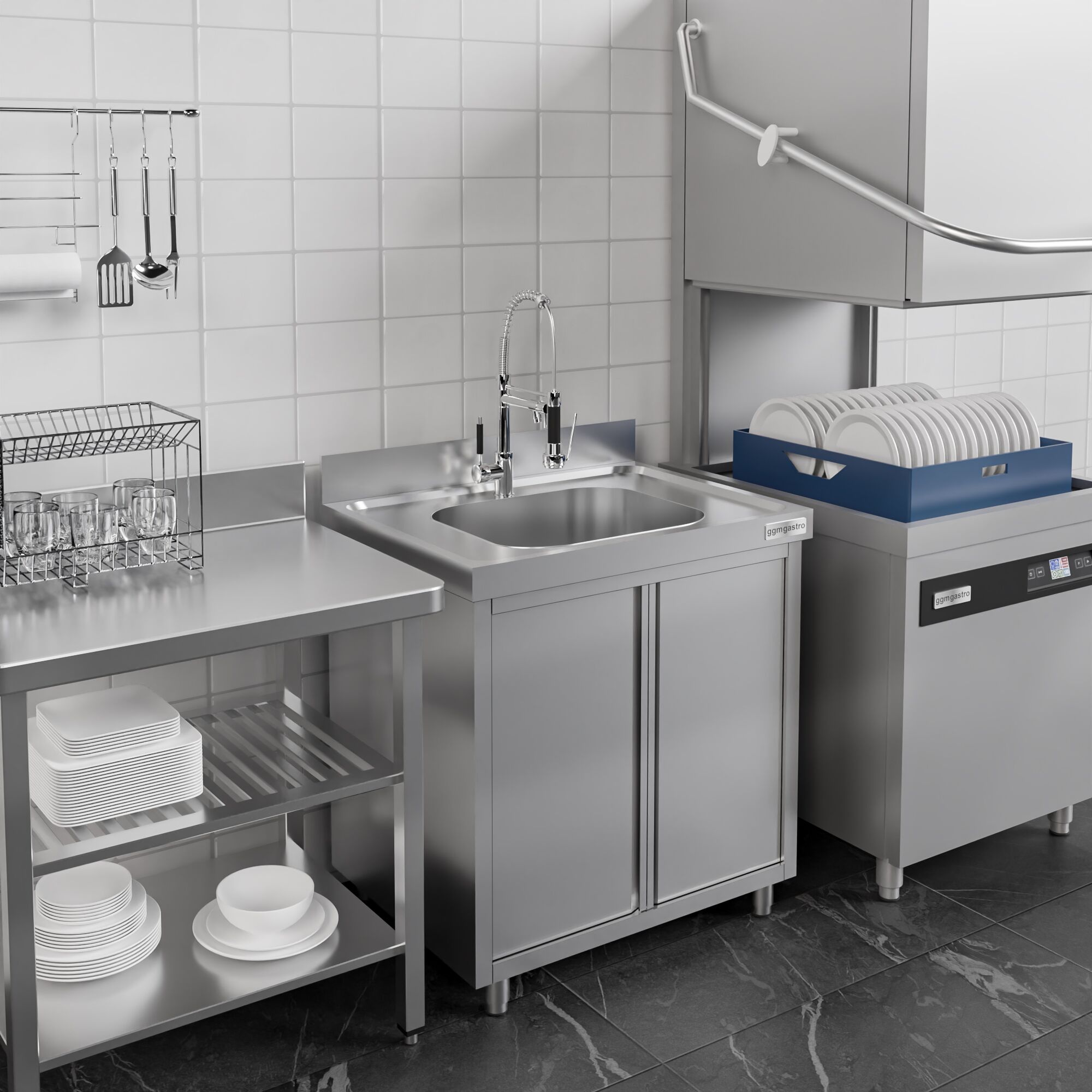 Uzavretá drezová skrinka – nerezová séria ECO, celkový rozmer 600x600 mm, 1 integrované umývadlo s rozmermi 400x400x250 mm – Obrázok 2