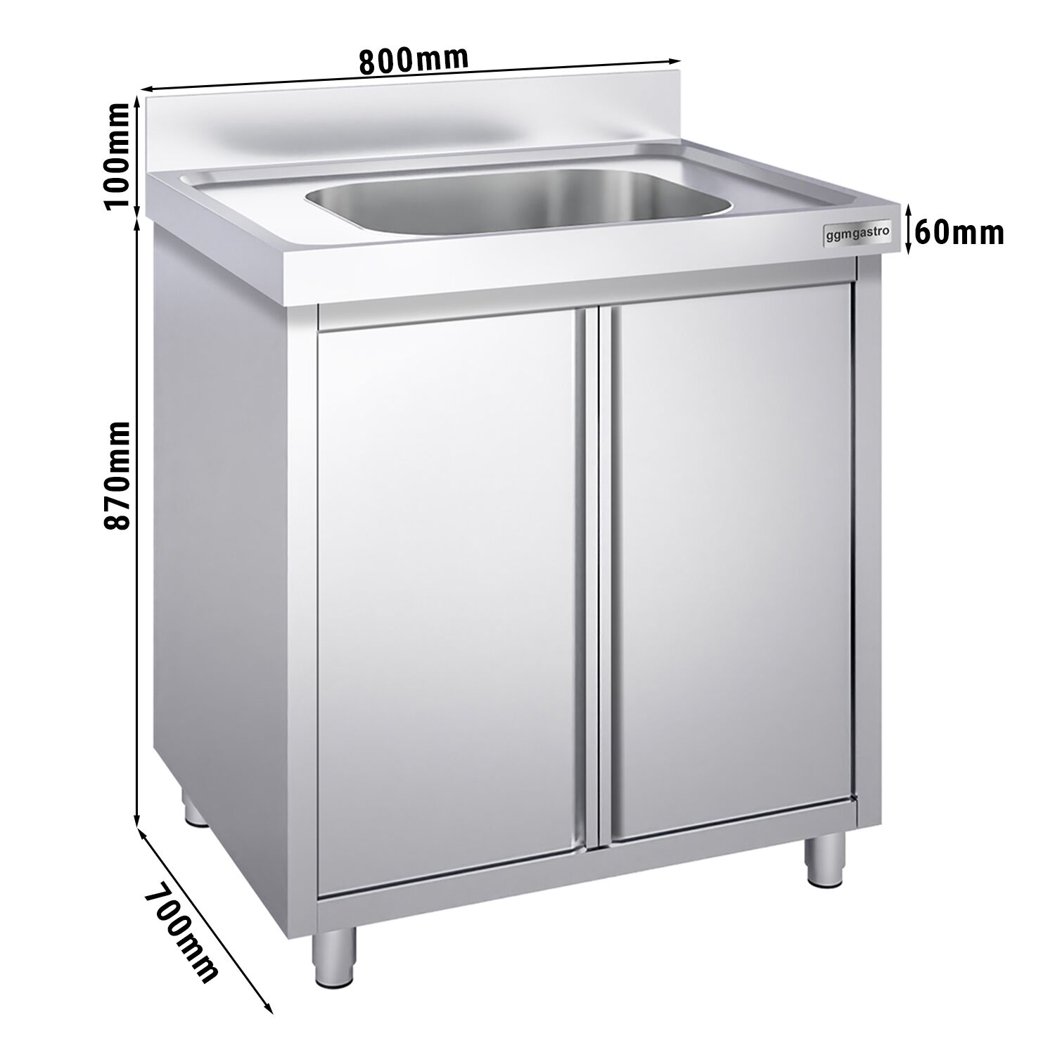 Uzavretá drezová skrinka – nerezová séria ECO, celkový rozmer 600x600 mm, 1 integrované umývadlo s rozmermi 400x400x250 mm – Obrázok 5