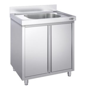 Uzavretá drezová skrinka – nerezová séria ECO, celkový rozmer 600x600 mm, 1 integrované umývadlo s rozmermi 400x400x250 mm