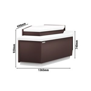 Rohová obslužná pokladňa – séria RIGA, dĺžka 1360 mm, vonkajší uhol 90 stupňov