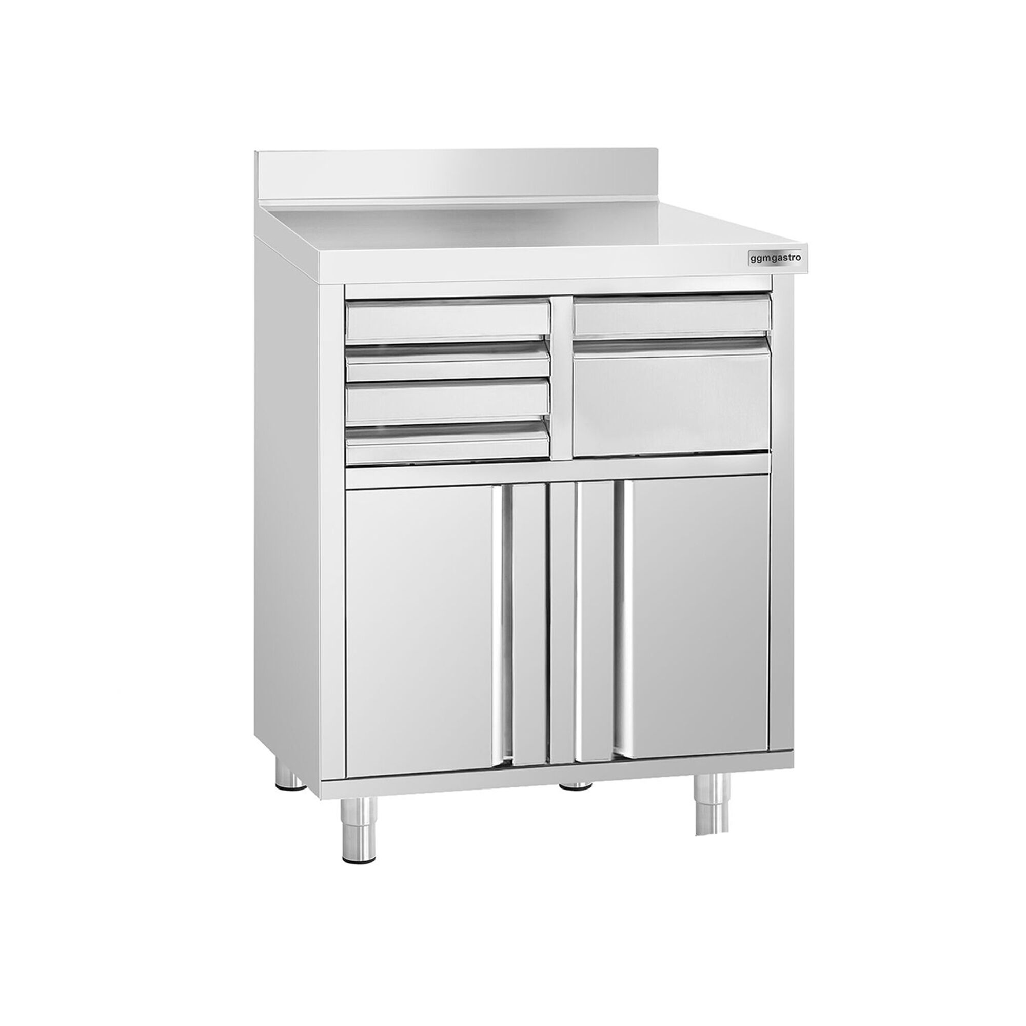 Nerezová pracovná skrinka pod kávovar — 820 x 600 mm, s klopadlom, 2 zásuvky, 2 dvierka, zvýšené obloženie – Obrázok 3