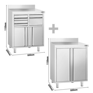 Nerezová pracovná skrinka pod kávovar — sada 2 ks, 800 x 600 mm, výklopné dvierka, zásuvky, klopadlo, zvýšené obloženie