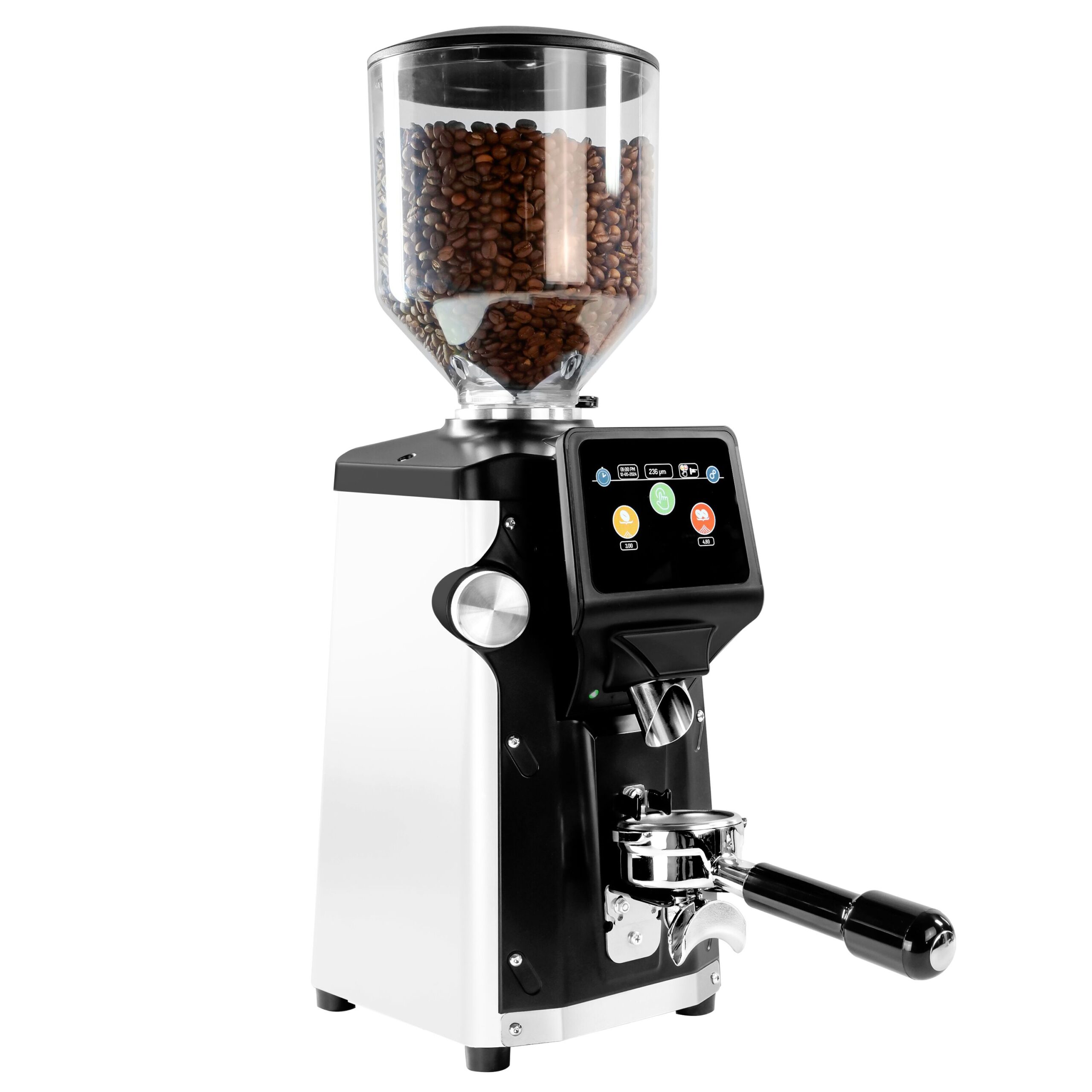 Kávový mlynček - 1,2 kg, plochý mlecí kotúč Ø 83 mm, automatická detekcia portafiltra, biely – Obrázok 3