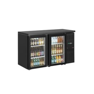 Čierny barový a nápojový chladiaci stôl ECO – 1462 mm, 2 bezrámové sklenené dvere