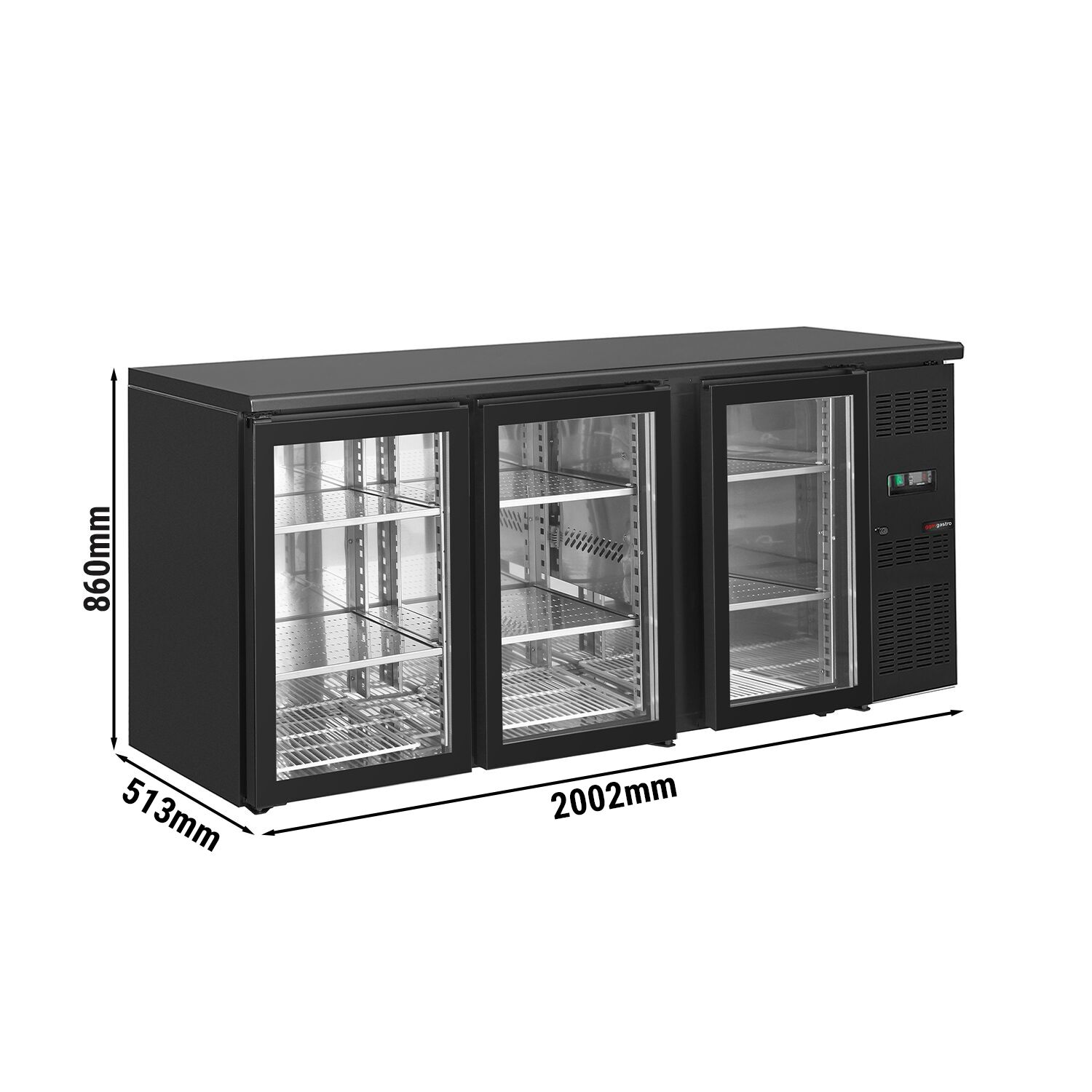 Čierny barový a nápojový chladiaci stôl ECO – 2002 mm, 3 bezrámové sklenené dvere – Obrázok 4
